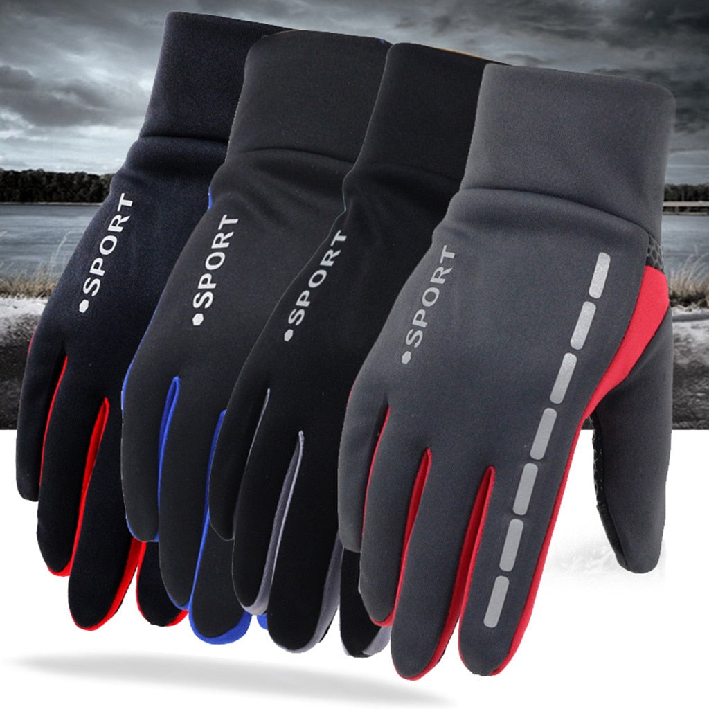 Men's cycling gloves set, black style with red and blue accents, dashed grip stripes