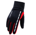Men's cycling glove, black with red trim and grey dashed grip stripe on palm