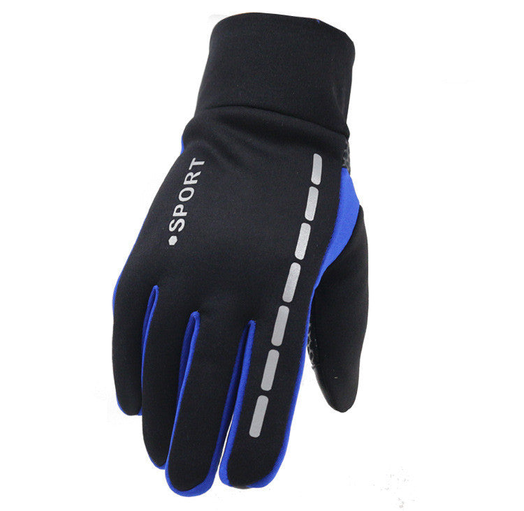Men's cycling glove, black with blue trim and grey dashed grip stripe on palm