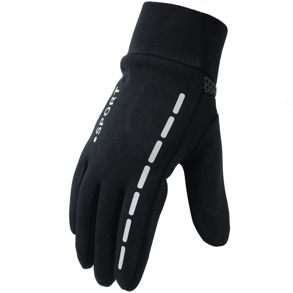 Men's cycling glove, black with light grey dashed stripe and textured grip palm