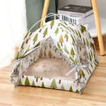 Enclosed cat tent bed, white fabric with green tree print, gray pom trim, curved frame