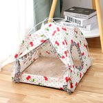 Enclosed cat tent bed, white fabric with red cherry print, gray pom trim and tie opening