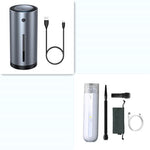 Portable car vacuum cleaner, dark gray cylinder with two nozzles and charging cable