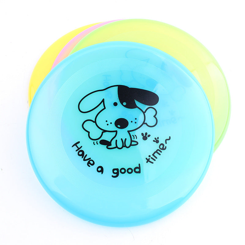 Silicone dog flying discs, blue front disc with dog graphic and yellow back disc