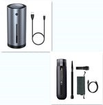 Portable car vacuum cleaner, dark gray cylinder with extendable nozzle, cloth pad, cables