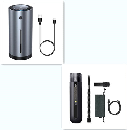 Portable car vacuum cleaner, dark gray cylinder with extendable nozzle, cloth pad, cables
