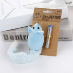Plush long-tail mouse toy, light blue, on pet toys card with wand charm