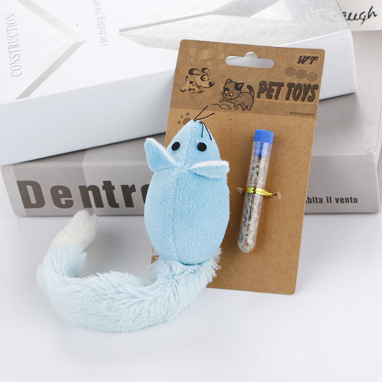 Blue plush mouse cat toy with dangling wand and tail for interactive play