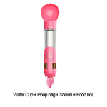 Pink dog water bottle with water cup, poop bag dispenser, shovel, and food box