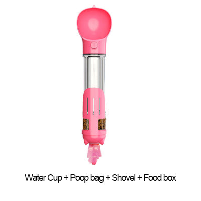 Pink dog water bottle with water cup, poop bag dispenser, shovel, and food box