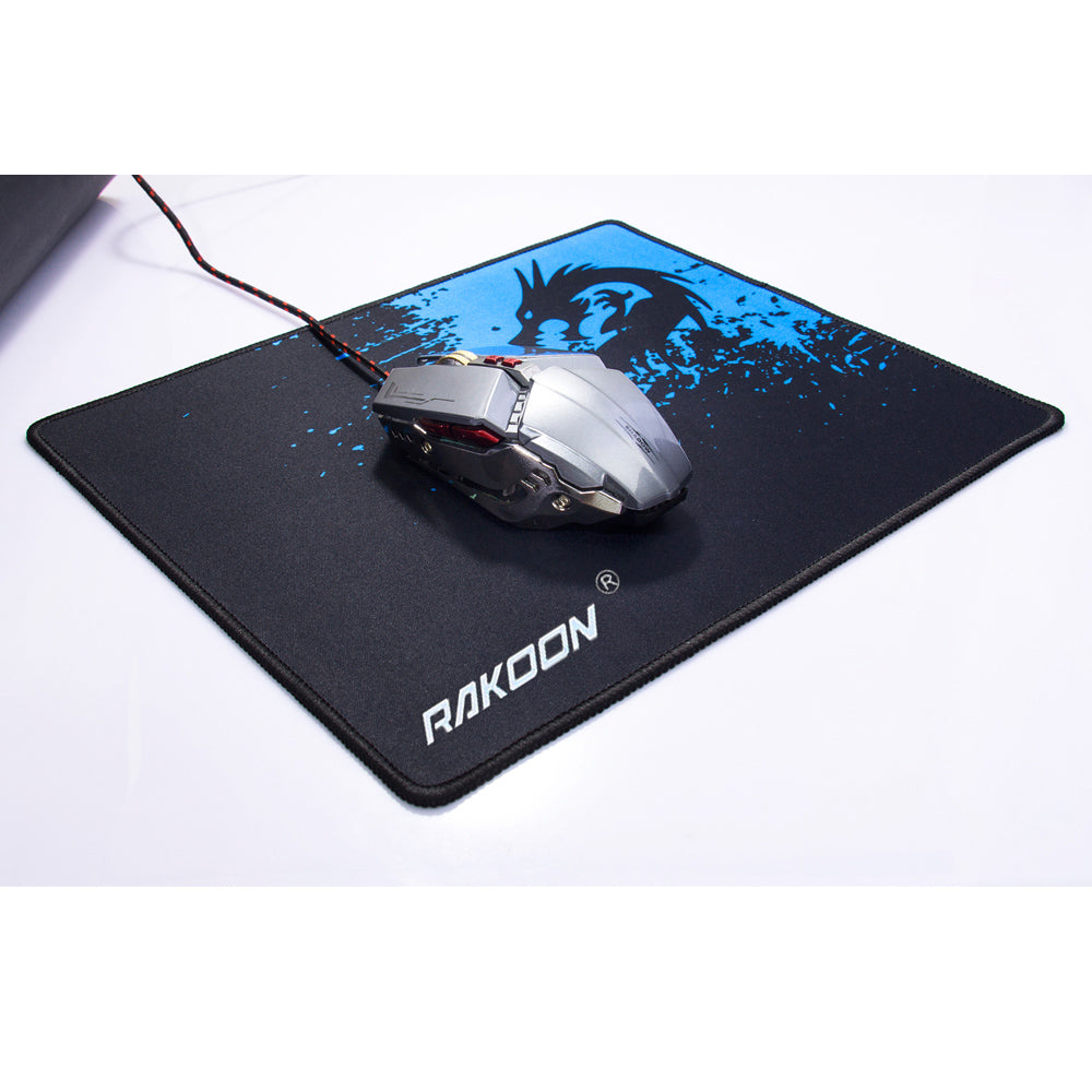 Black mouse pad with blue dragon logo and wired gaming mouse on top