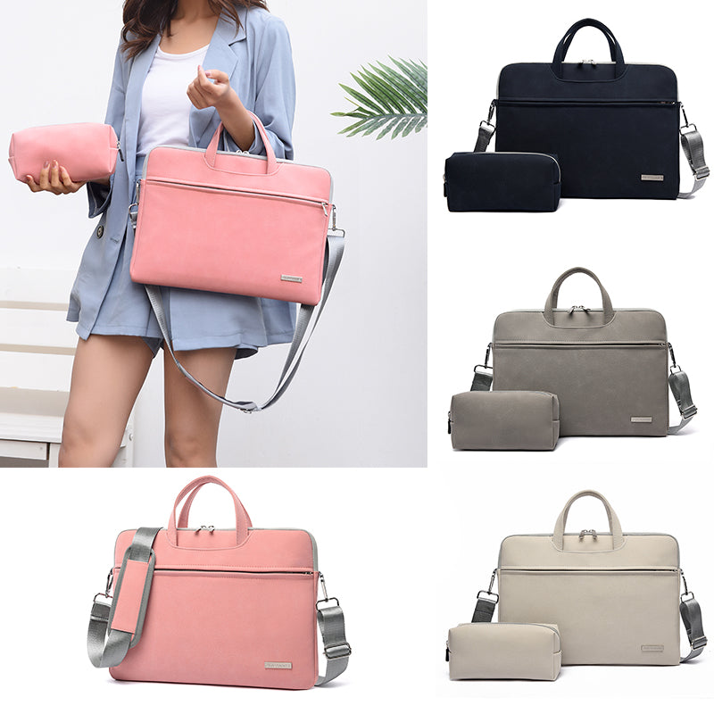Pink PU laptop briefcase bag with zip pouch, top handle and shoulder strap.