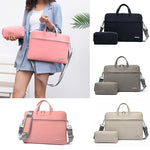 Pink PU laptop briefcase bag with zip pouch, top handle and shoulder strap.
