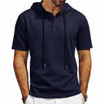 Men's short-sleeve hoodie Henley T-shirt with drawstring, navy blue color