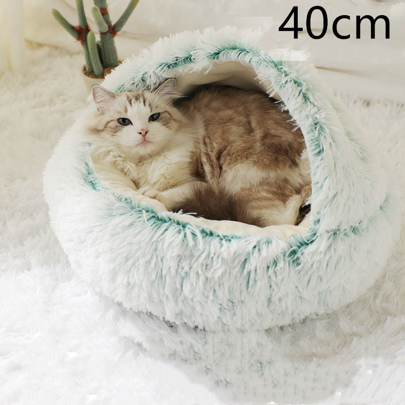 Round plush pet bed, olive green 40cm, with a cat curled inside
