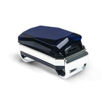 Pet GPS tracker with dark top cover and blue display window in silver frame