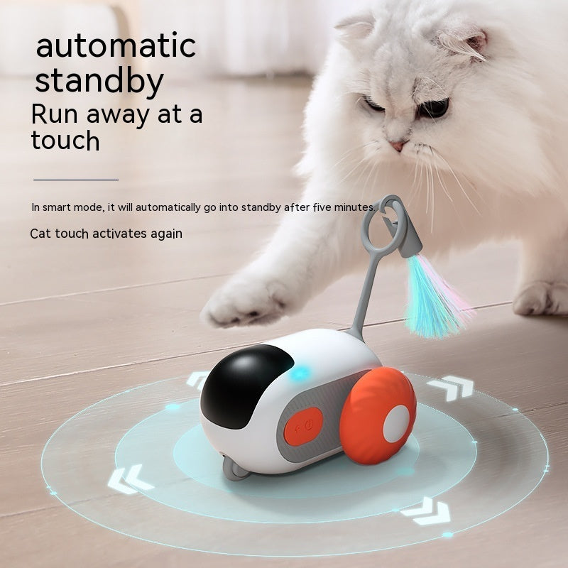 White and orange cat chase car toy with feather brush and glowing motion lights