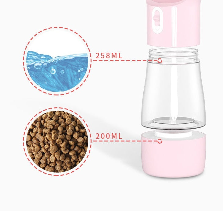 Pink and clear 2-in-1 dog water and food bottle with two compartments