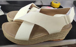 Open-toe wedge sandals with crisscross straps and buckle, white PU with tan espadrille sole
