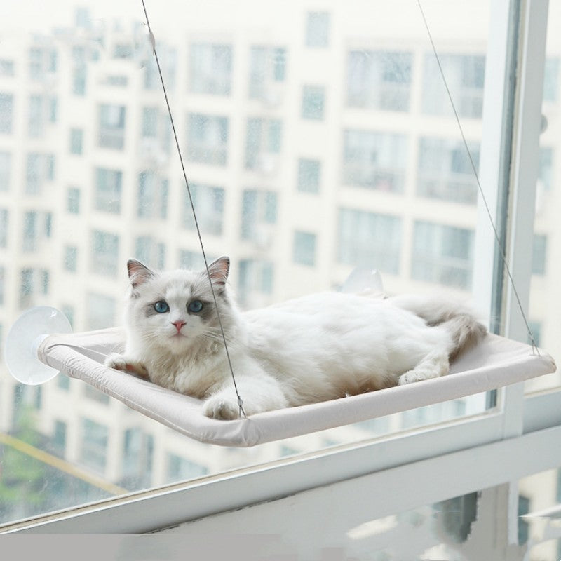 Cat window hammock perch with suction cups, light gray fabric bed