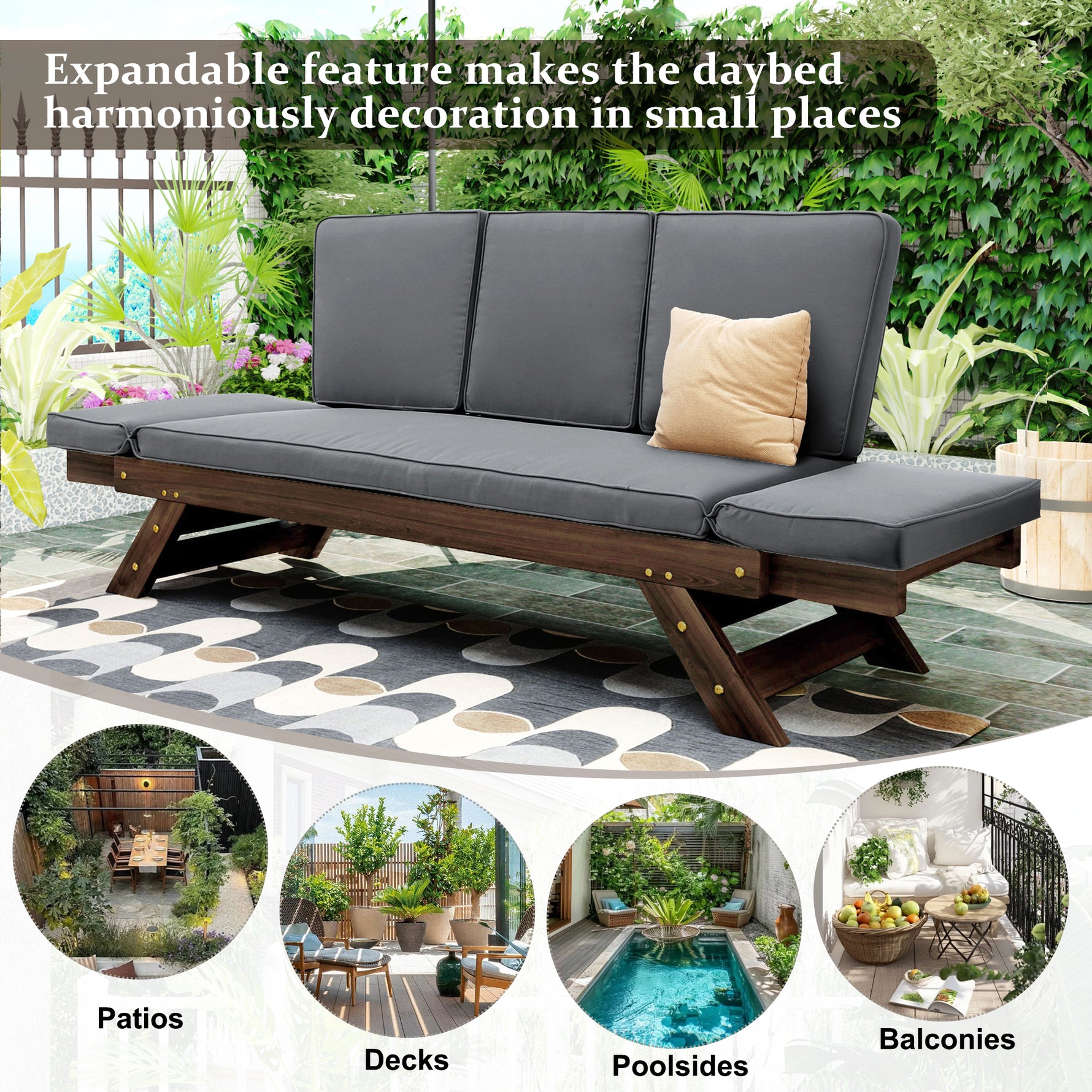 TOPMAx Outdoor Adjustable Patio Wooden Daybed Sofa Chaise Lounge With Cushions For Small Places  Brown Finish Gray Cushion