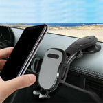 Car phone mount clipped to dashboard with rotatable cradle and side support bars