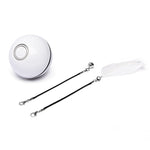 White LED rolling cat toy ball with black tether straps and white feather
