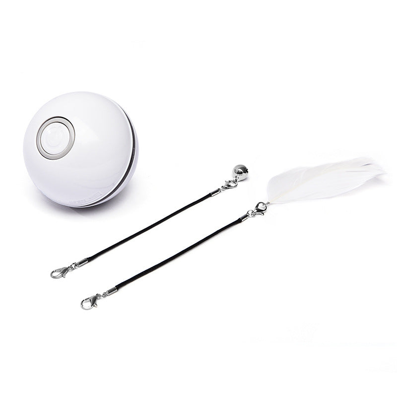 White LED rolling cat toy ball with black tether straps and white feather