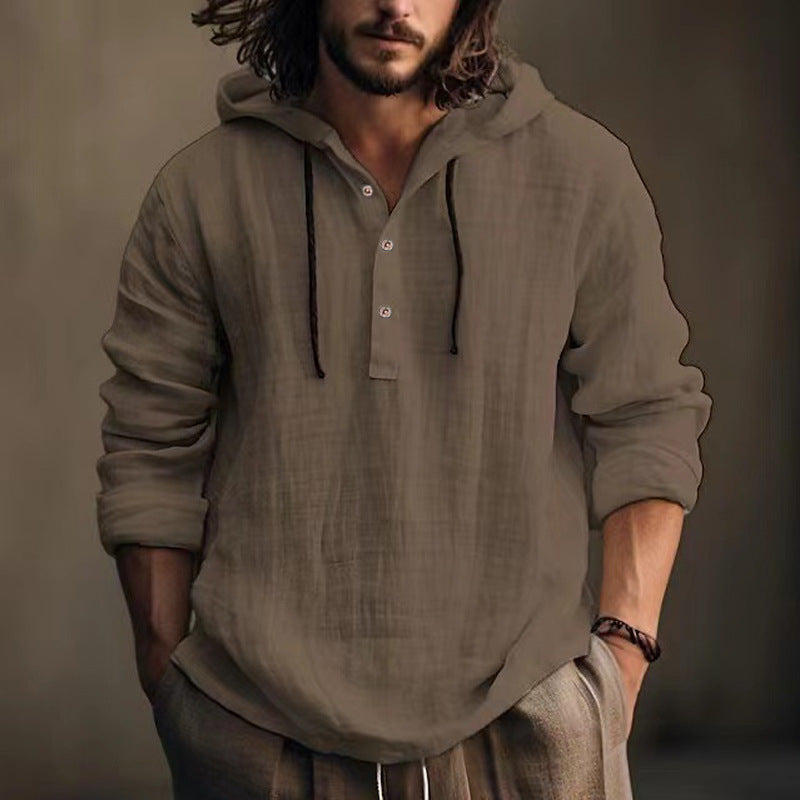 Men's hooded pullover shirt, light tan; front button placket, drawstring hood, long sleeves
