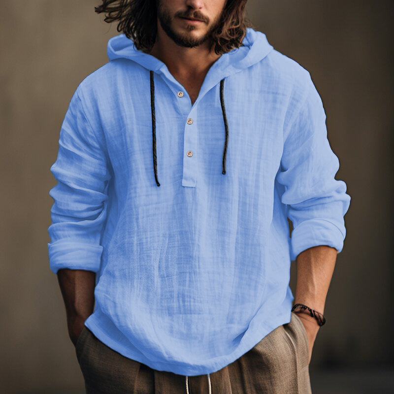 Men's hooded cotton-linen pullover shirt in sky blue with front button placket