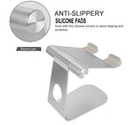 Aluminum stand with silicone anti-slip pads on cradle and base, silver