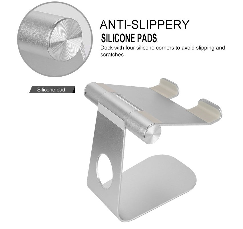 Aluminum stand with silicone anti-slip pads on cradle and base, silver