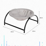 Grey pet camping bed with mesh hammock, black frame; 43cm x 43cm x 24cm