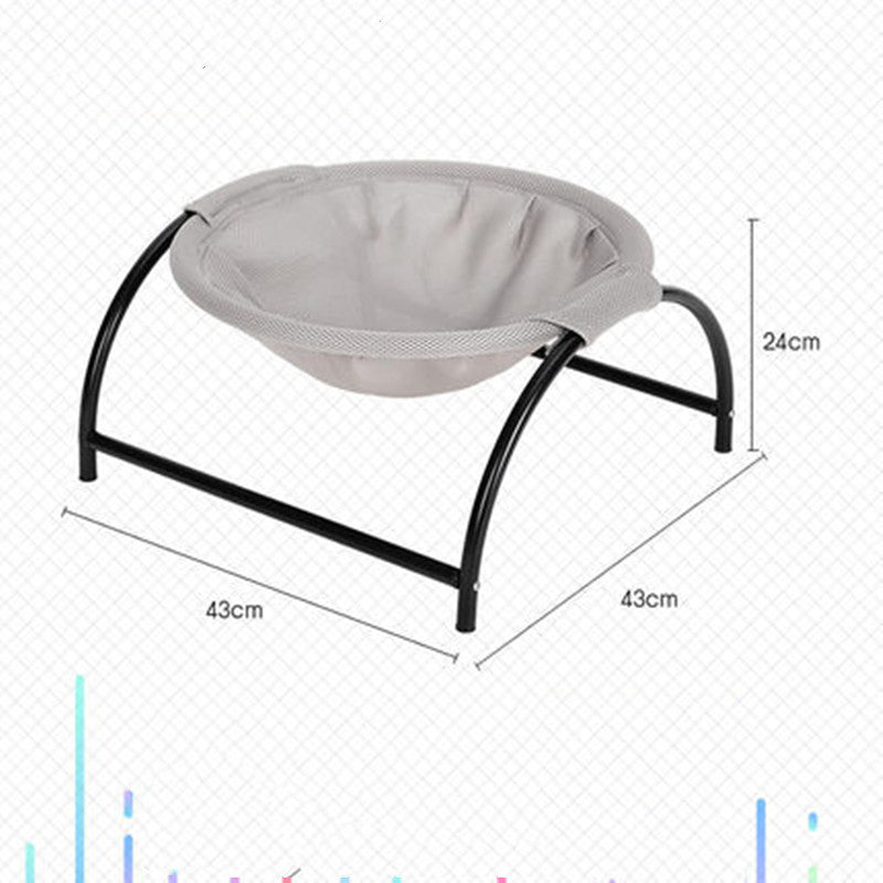 Grey pet camping bed with mesh hammock, black frame; 43cm x 43cm x 24cm