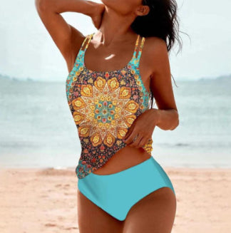 Women’s multicolor patterned halter bikini swimsuit with turquoise bikini bottoms
