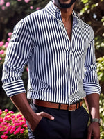 Men's blue-and-white striped long-sleeve button-up shirt, spread collar, button placket