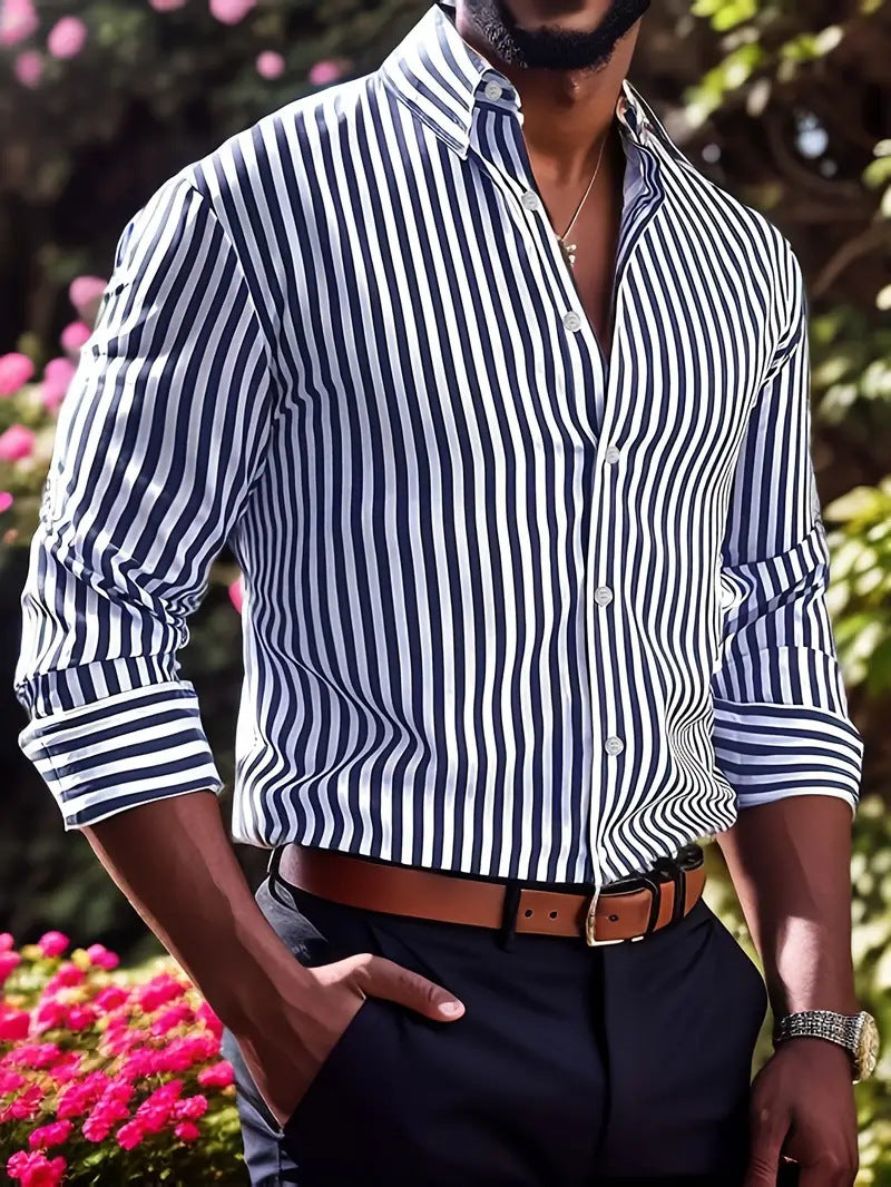 Men's blue-and-white striped long-sleeve button-up shirt, spread collar, button placket