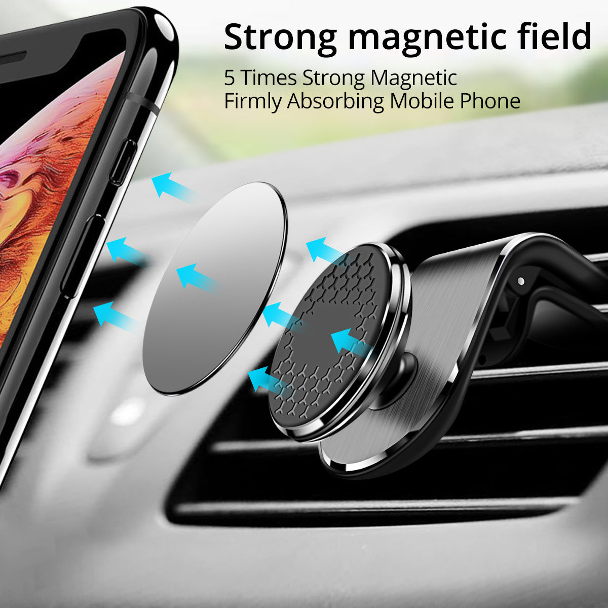 Car air vent phone holder with magnetic circular pad and vent clip, black