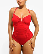 Women's ruched one-piece swimsuit with double straps, red solid color