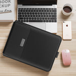 Laptop sleeve bag in black PU leather with front pocket and stitched flap