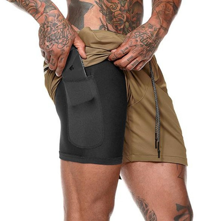 Men's olive two-layer sports shorts with black front pouch pocket and drawstring waist