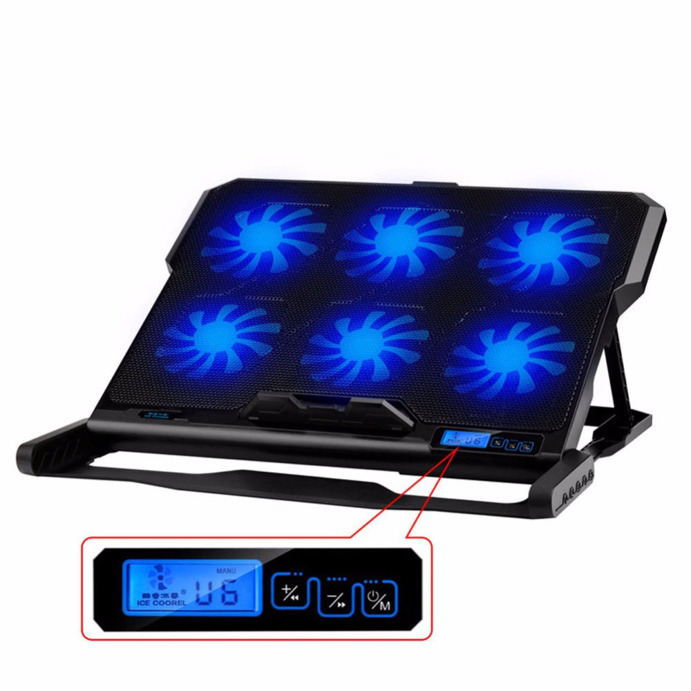 Laptop cooling stand with blue LED fans and control panel, black metal mesh base