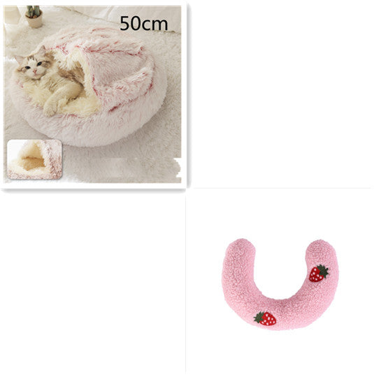Half-moon plush bolster with pink fabric and strawberry patches