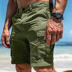 Men's cargo shorts in olive green with button-and-zip fly and cargo pocket