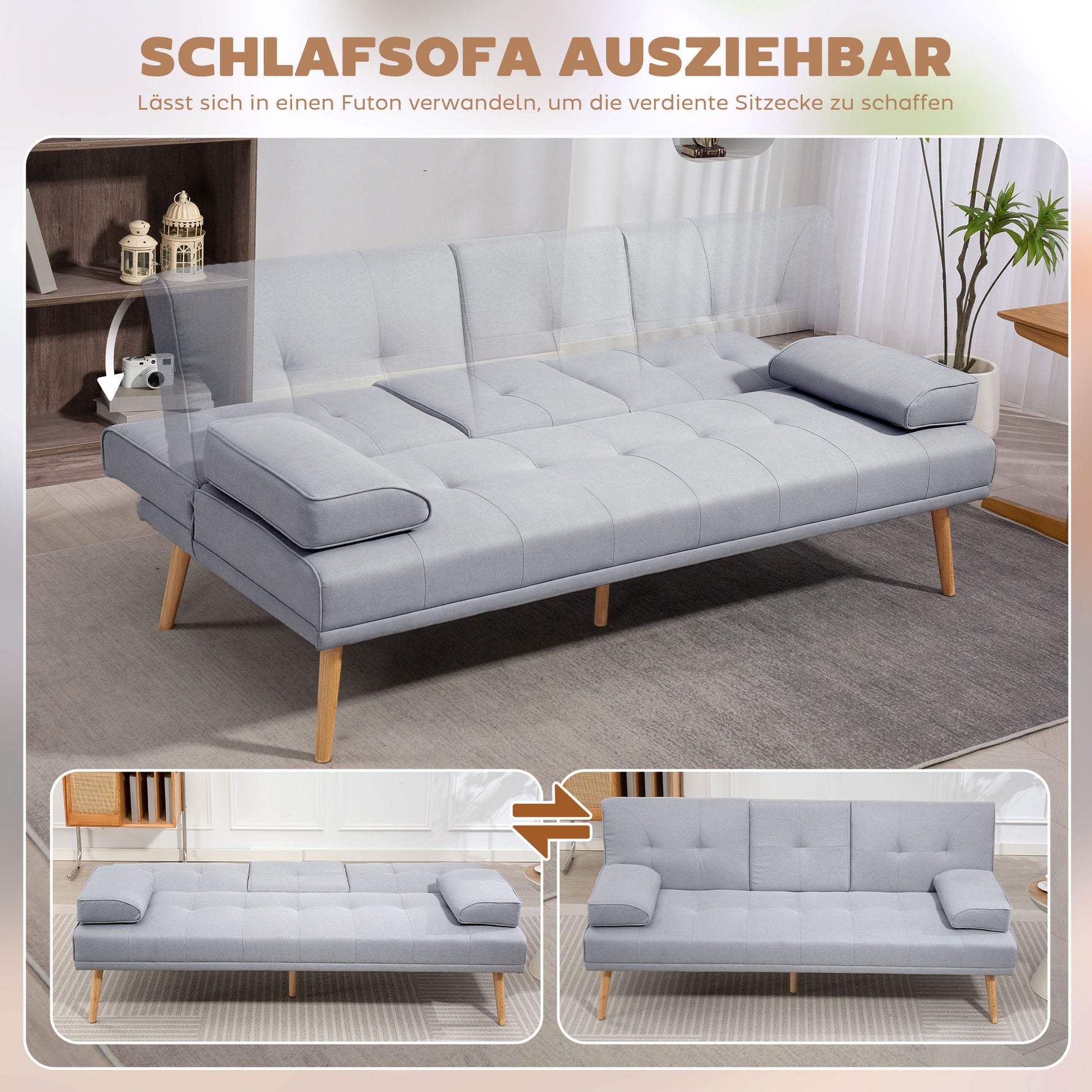 Schlafsofa, 3-Sitzer Sofa, Schlafcouch Mit Klappbarem Tisch, Becherhalter, Bettsofa Mit Leinenoptik, Couch Gästebet Für Wohnzimmer, Hellgrau