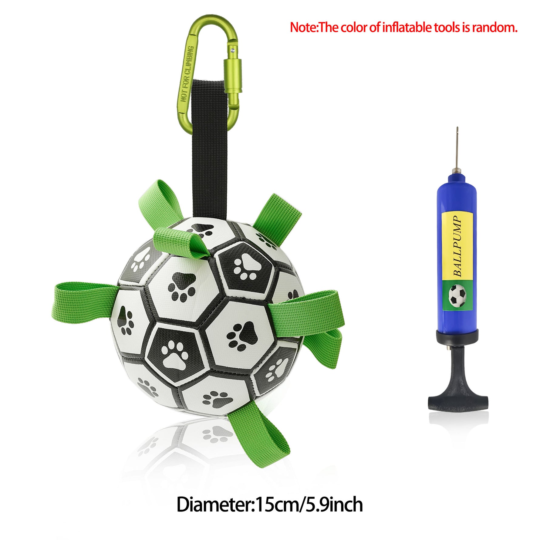 Inflatable dog soccer ball toy with paw prints, green straps, includes pump; 15cm