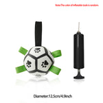 Inflatable dog soccer ball toy with paw prints, green straps, includes pump; 12.5cm
