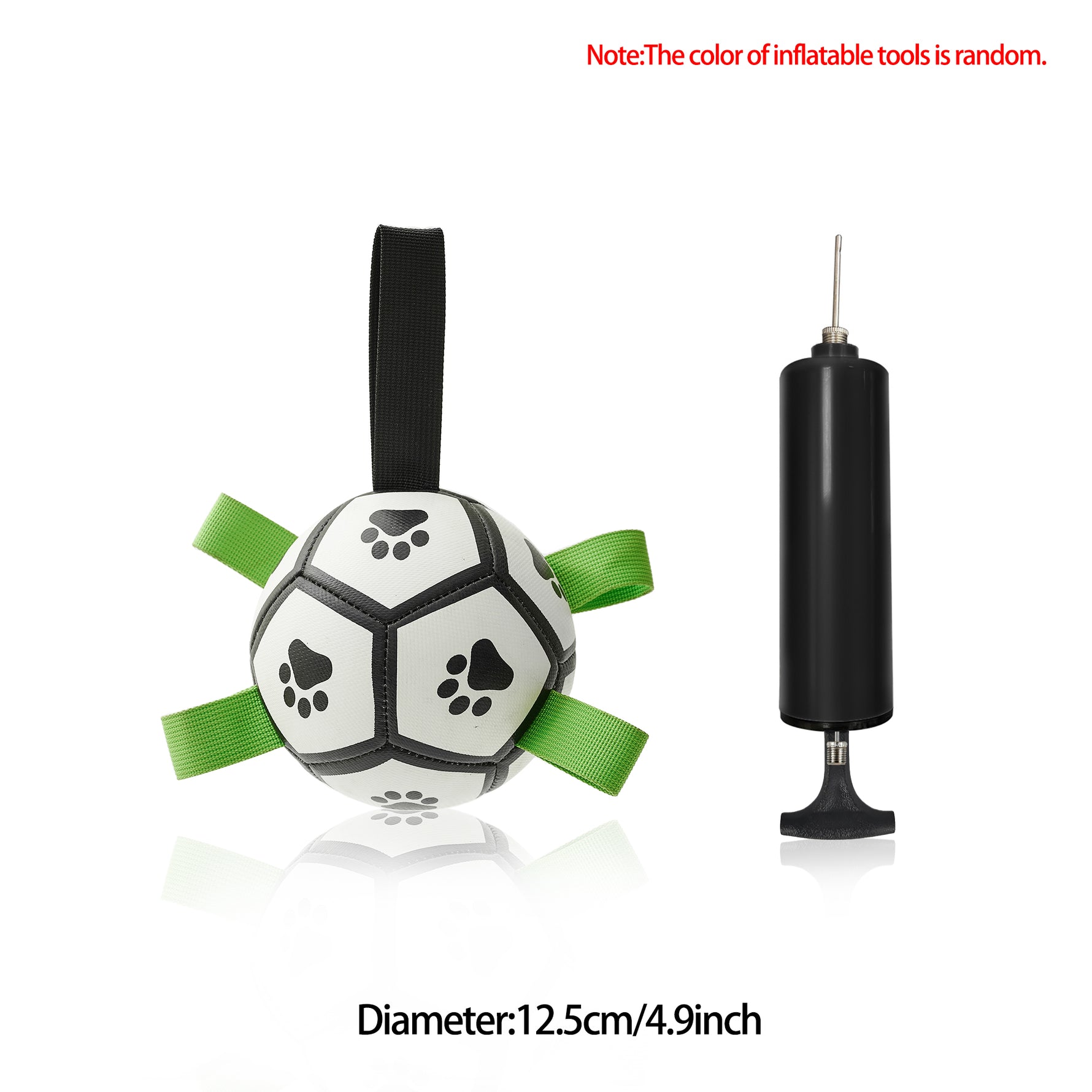 Inflatable dog soccer ball toy with paw prints, green straps, includes pump; 12.5cm