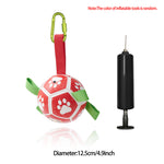 Inflatable dog soccer ball toy with paw prints, green straps, loop handle, includes pump; 12.5cm