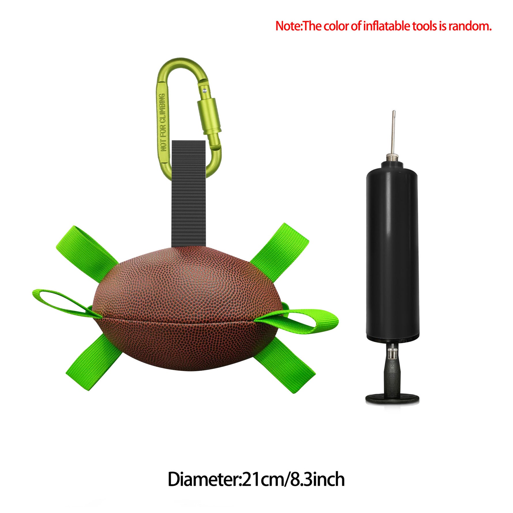 Inflatable dog football toy with green straps and black ball pump